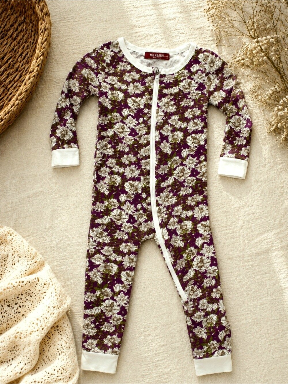 MILKBARN Bamboo Zip Sleeper 12-18M Purple Botanical Floral Pajamas Bamboo